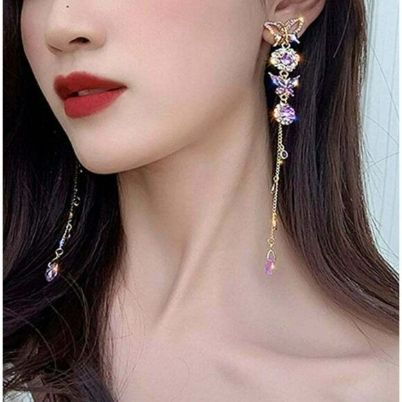 Aria Jewelers Jewelry - DAINTY Lilac Long Tassels Butterfly Earrings Dainty Silver Drop Statement Drop